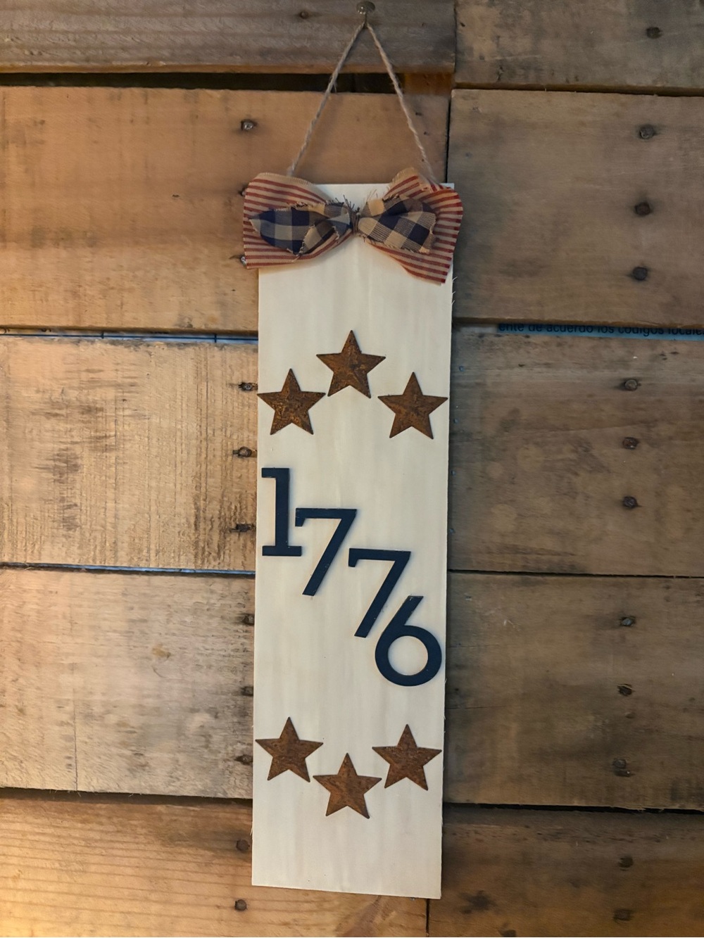 Patriotic '1776' Wood Hanging Sign with Stars & Bow
